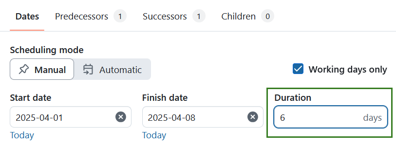 The Duration field is to the right of the Finish date in OpenProject date picker