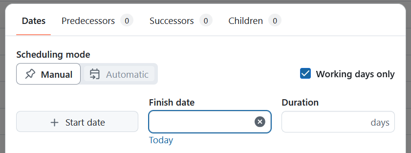 A date picker modal for a newly created work package in OpenProject, showing only finish date and a button to add a start date
