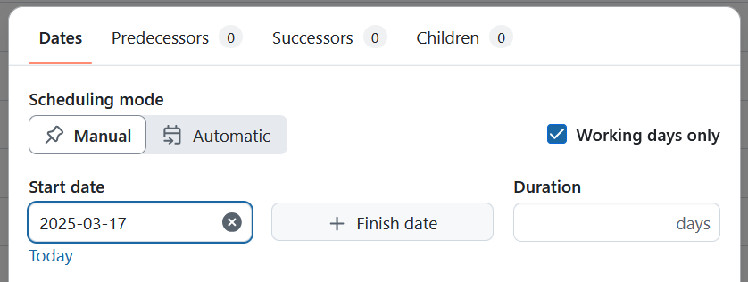 A date picker modal for a newly created work package in OpenProject, showing only start date and a button to add a finish date