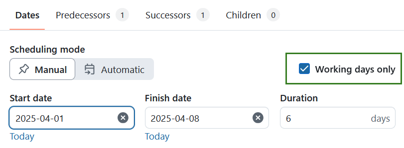 The “Working days only” switch on the date picker in OpenProject