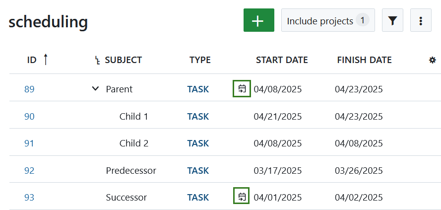 Auto-date icon next to the start date indicating that a work package is in automatic scheduling mode