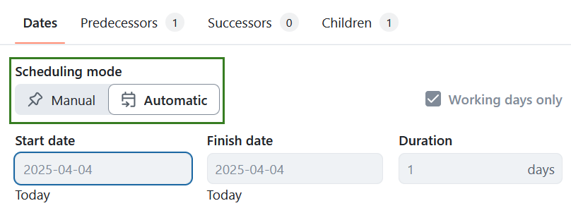 The scheduling mode switch in the OpenProject date picker with the choice of manual and automatic scheduling