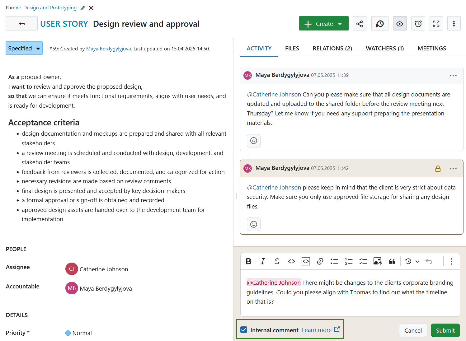 Internal comment checkbox selected when adding an internal comment on an OpenProject work package