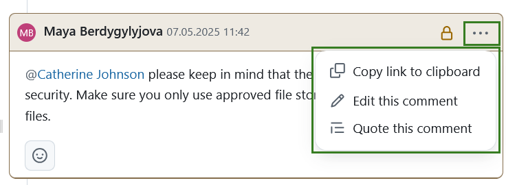 Editing options for an internal comment shown in a dropdown menu