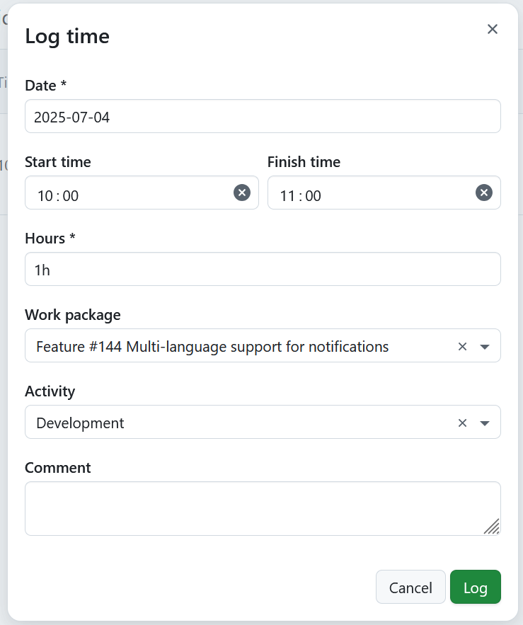 Modal to log time from My time tracking module in OpenProject