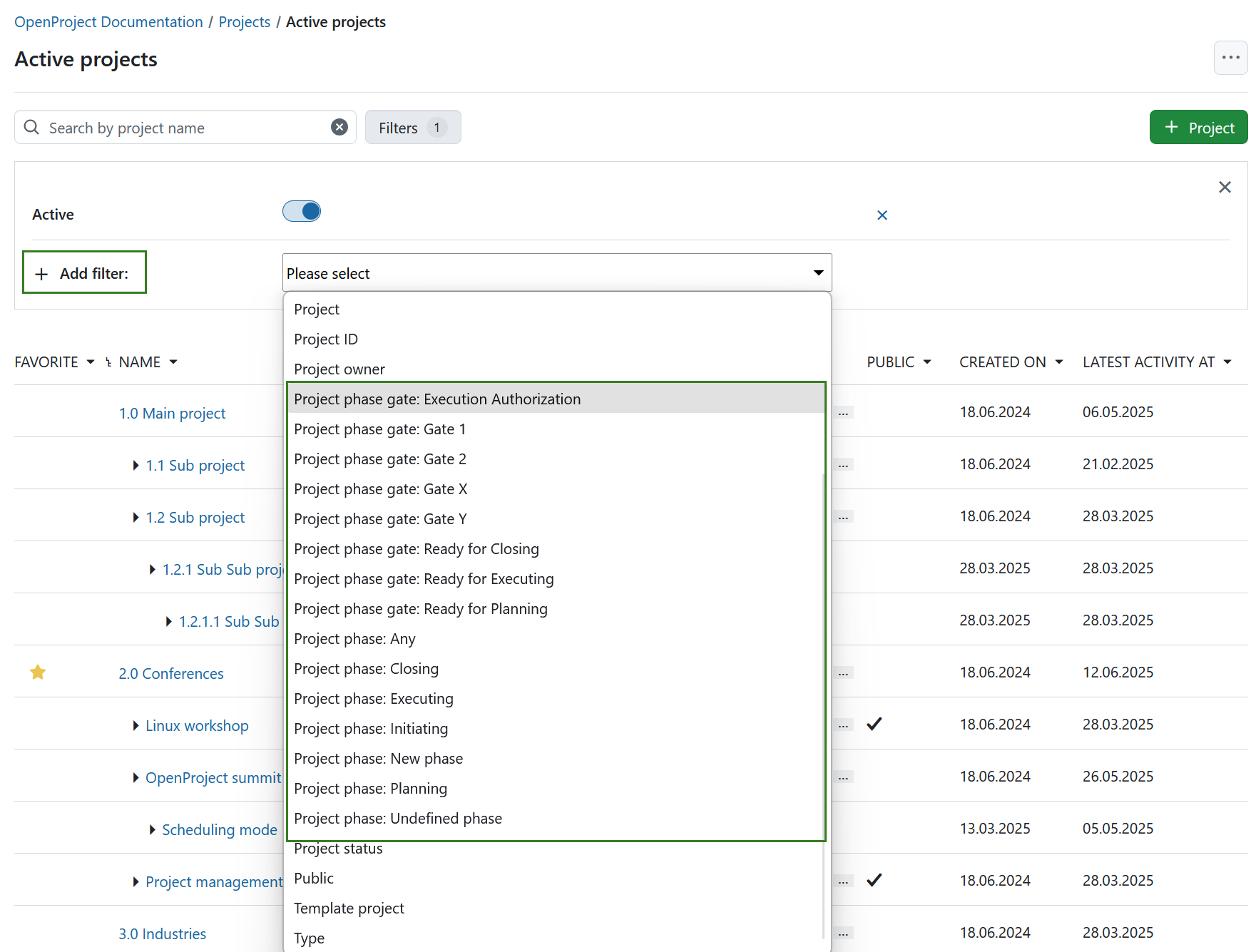 Project lists filter by project phases and phase gates in OpenProject