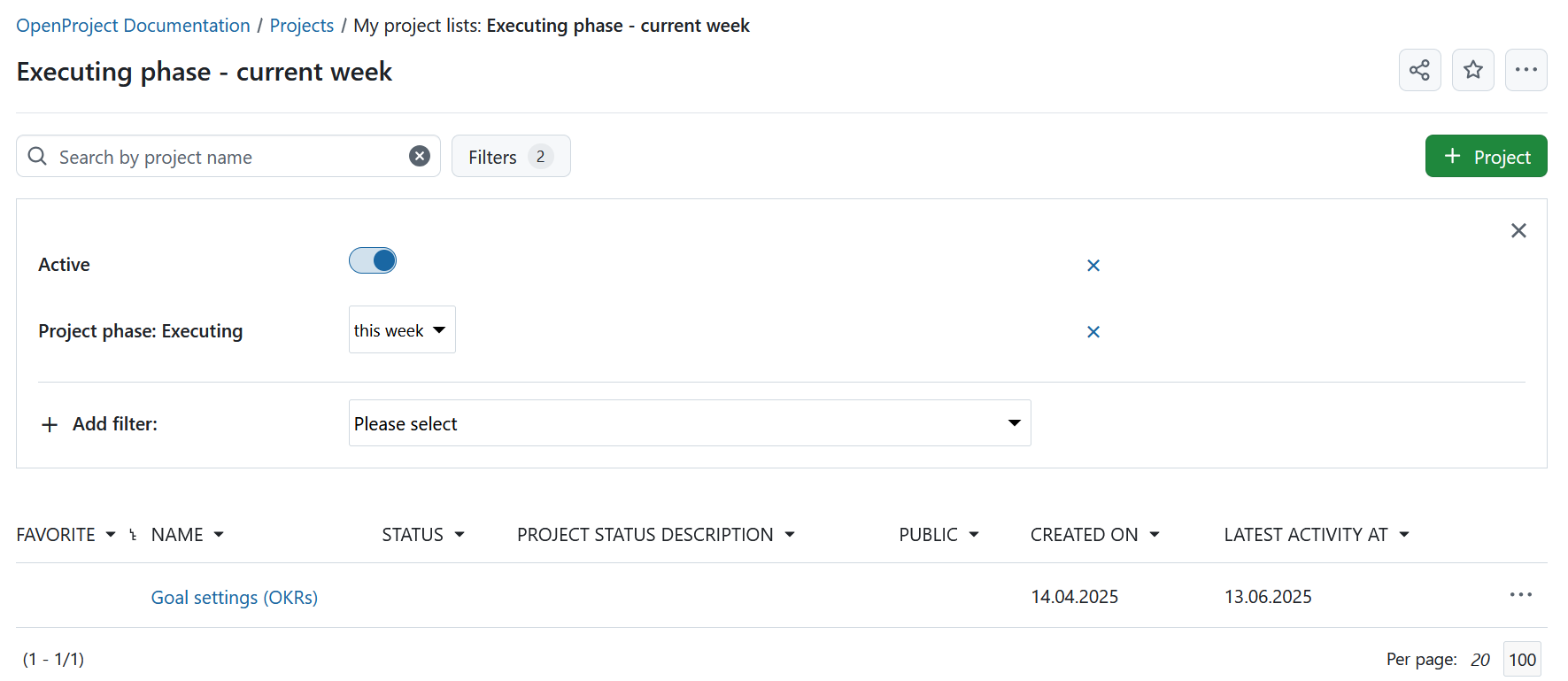 Project lists filter by project phases and phase gates with a specified timeframe in OpenProject