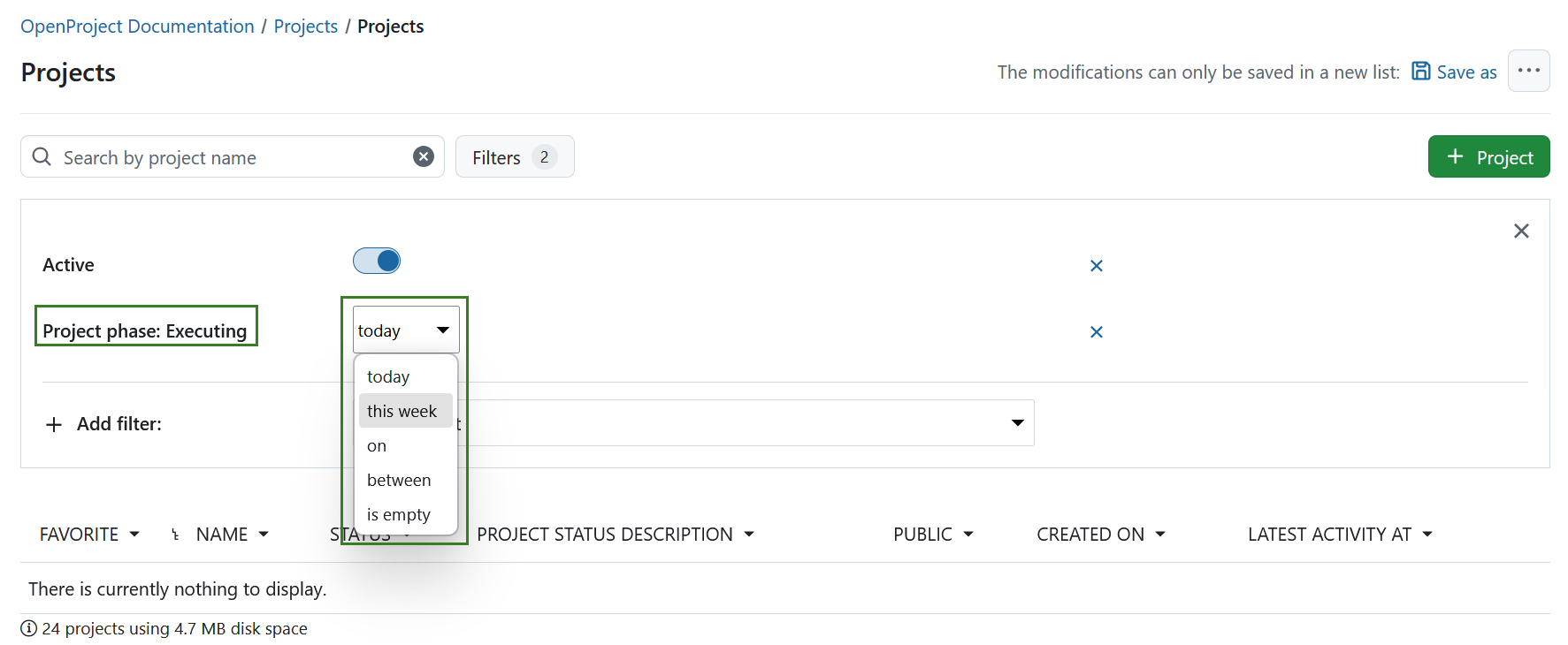 Project lists filtered by project phases and phase gates with a timeframe dropdown menu filter opened in OpenProject