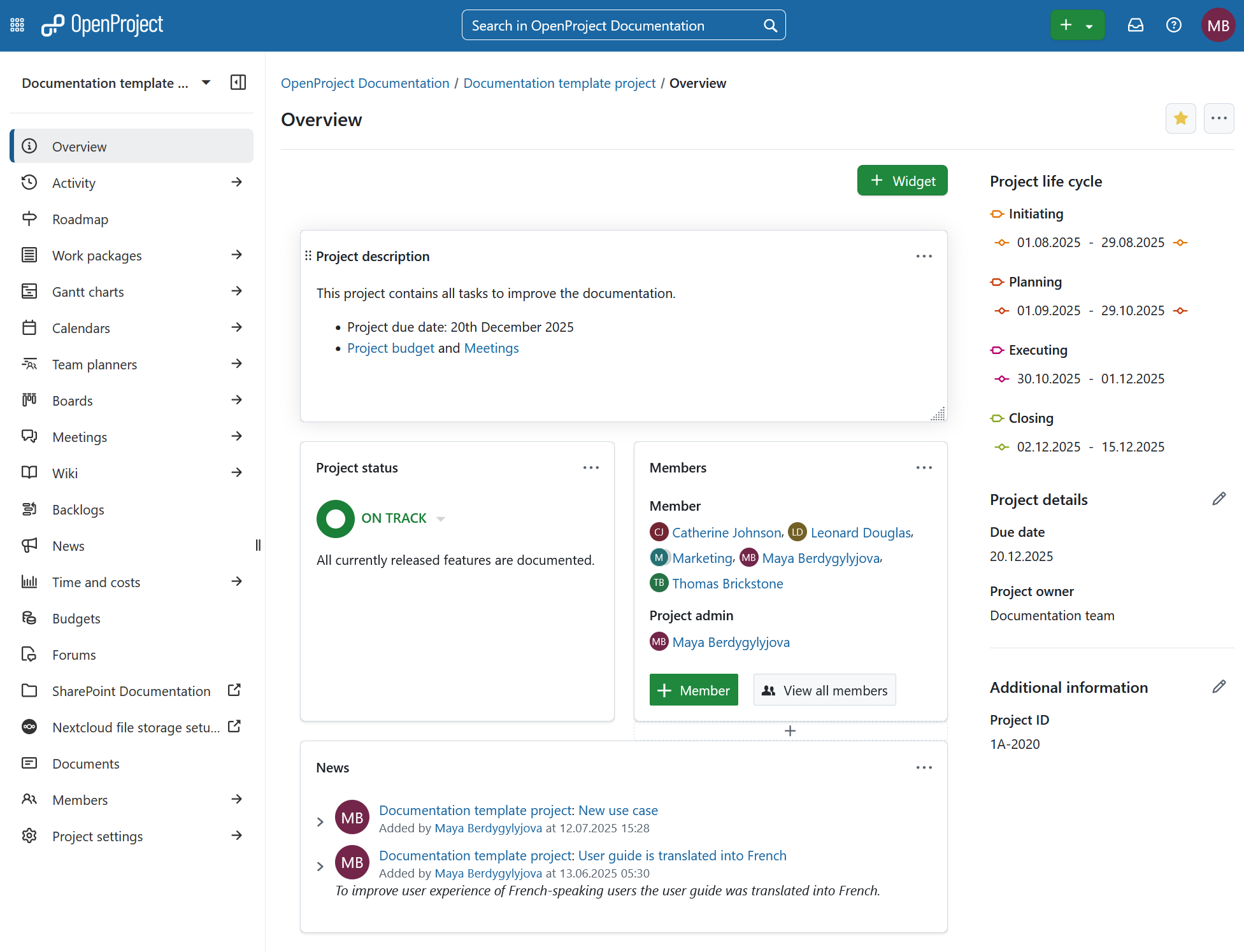 Project overview page for a specific project in OpenProject
