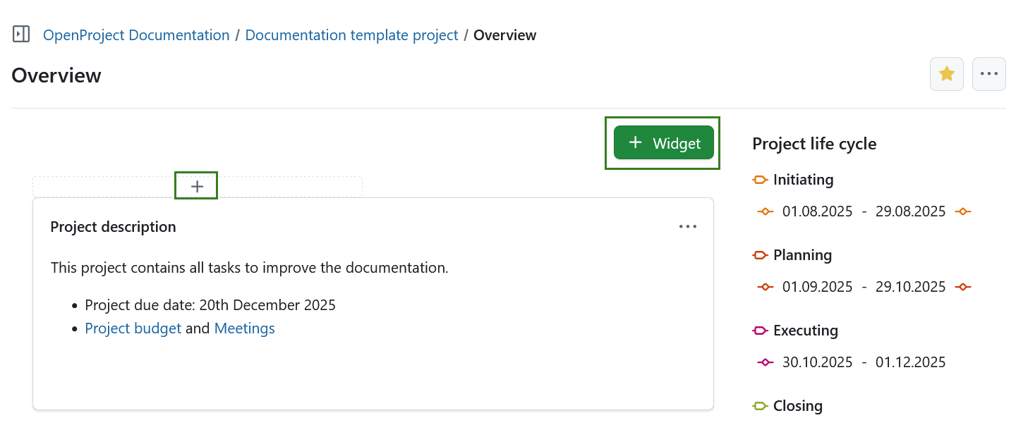 Add a widget on the project overview page in OpenProject