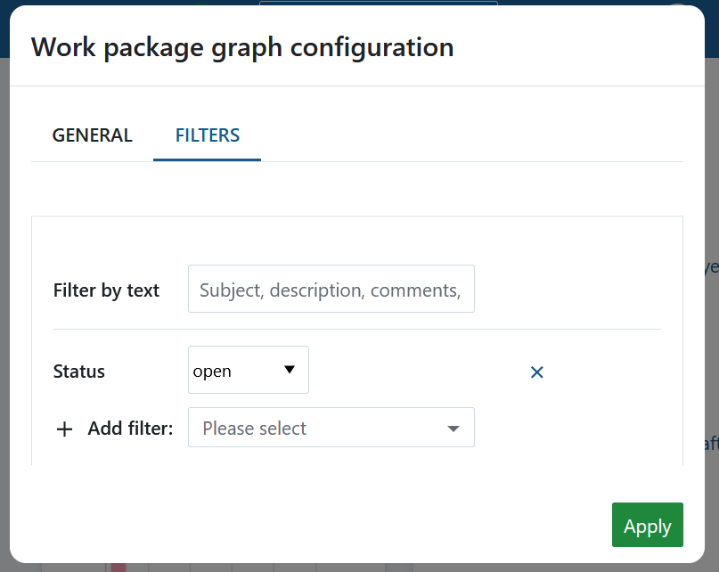 Configure filters for a work packages widget on a project overview page in OpenProject