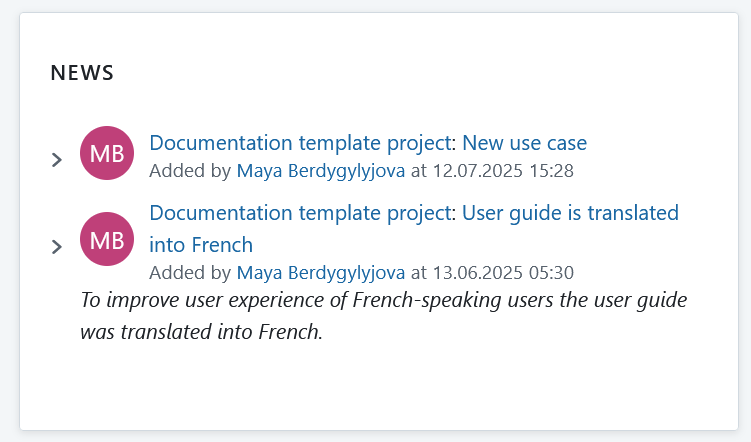 News widget displayed on a project overview page in OpenProject