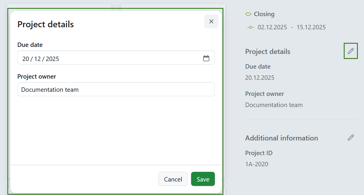 Edit a project attribute section on project overview page