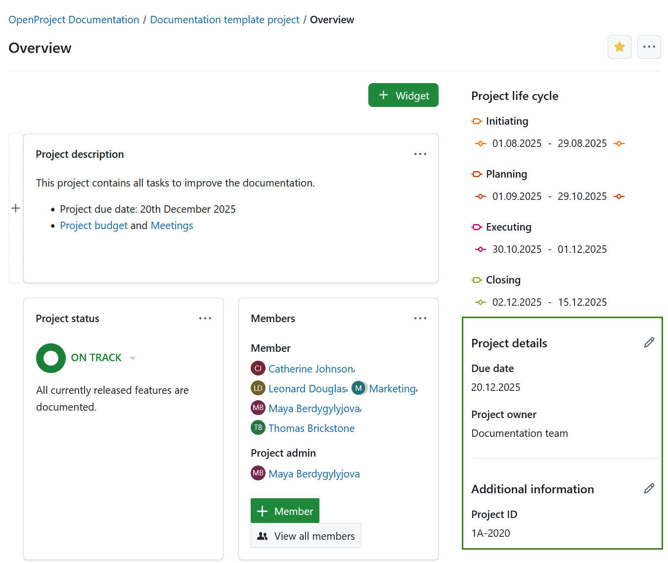 Project overview page showing project attributes on the right side