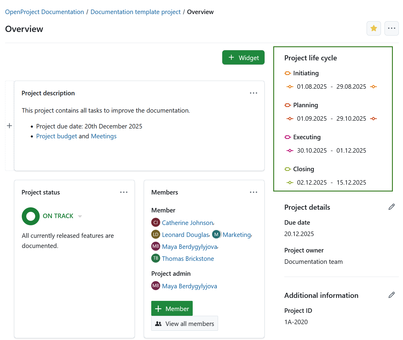 Project life cycle phases displayed on a project overview page in OpenProject