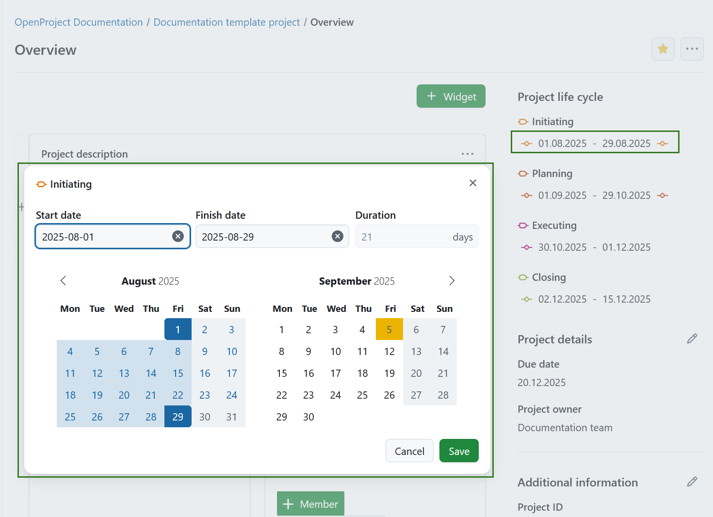 Edit date range for project phase on a project overview page in OpenProject