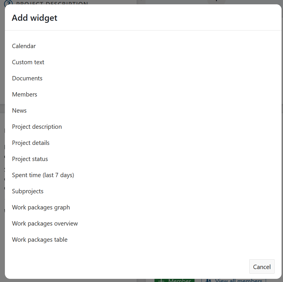 A list showing available widgets to be added to a project overview page in OpenProject