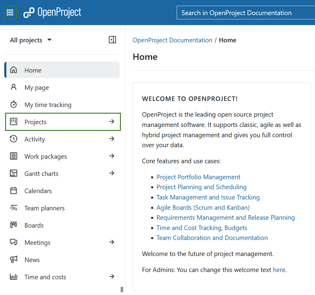 Select all projects from the global modules menu on the left side menu in OpenProject