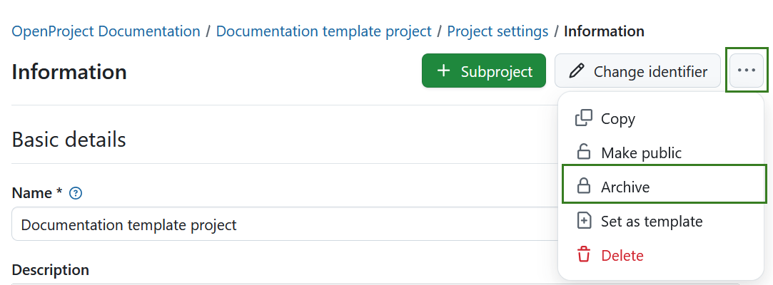 Archive a project under project settings in OpenProject