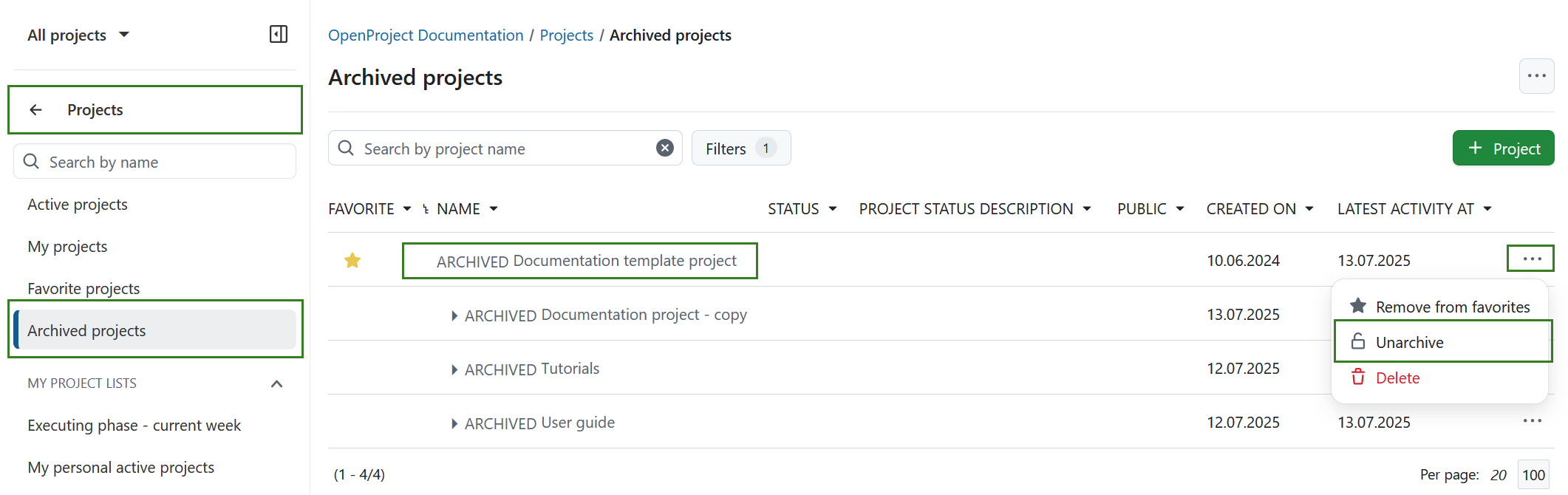 An archived project shown in projects list in OpenProject