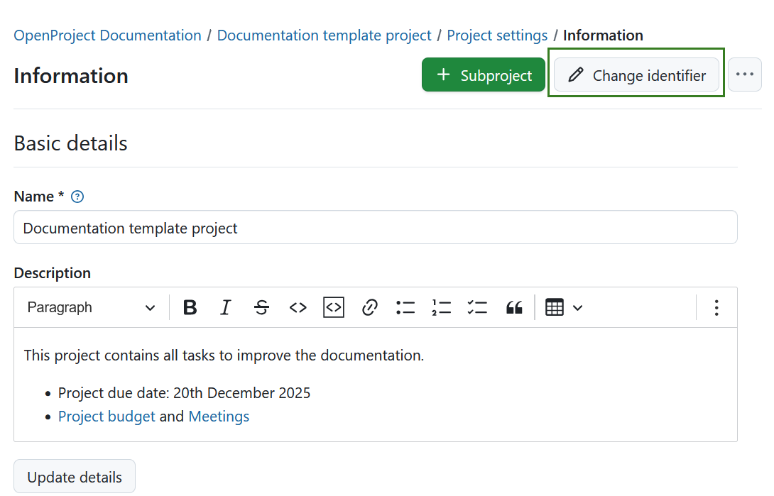 Change project identifier under project settings in OpenProject