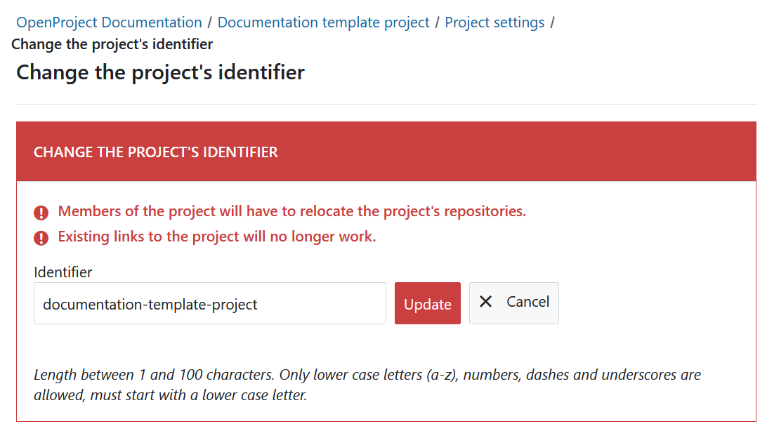 A form to change the project identifier in OpenProject