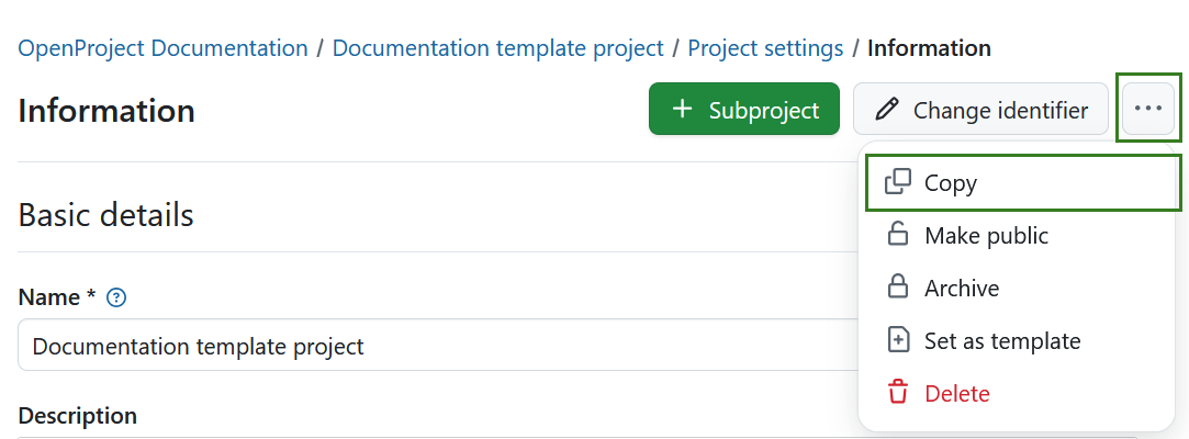 Copy a project under project settings in OpenProject