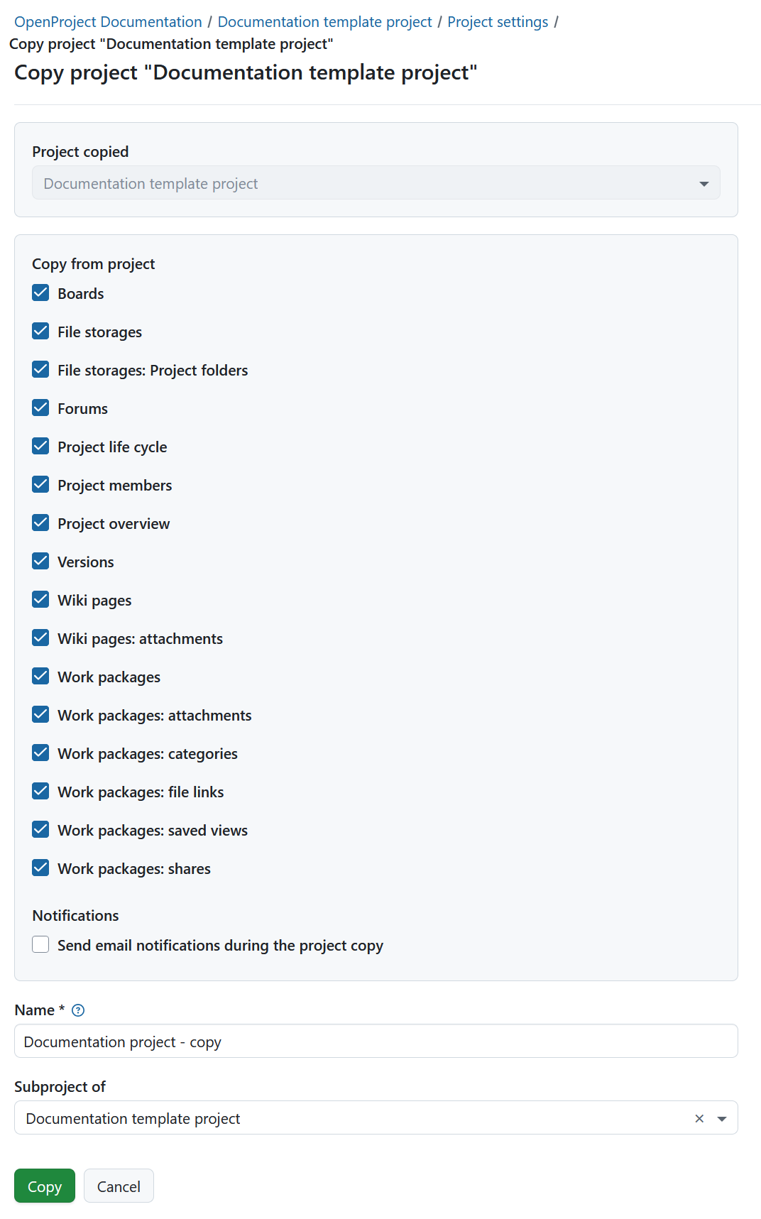 Form to specify copying options when copying a project in OpenProject