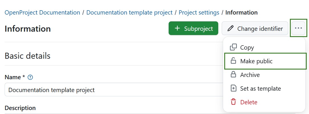 Make a project public in OpenProject