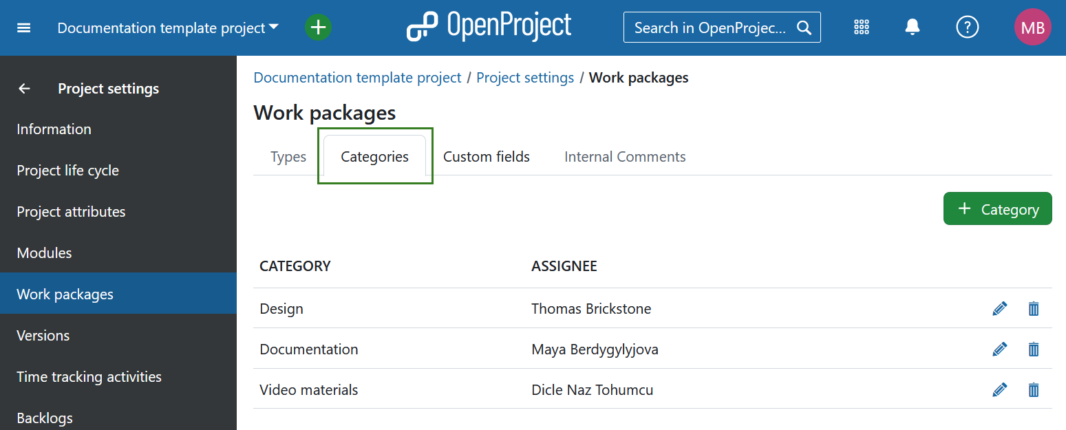 Work package categories tab under work package module in project settings in OpenProject