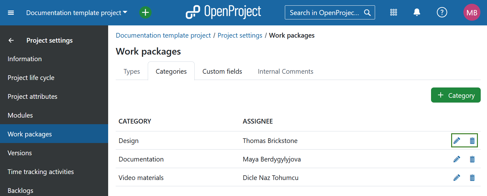 Edit or delete a work package category under project settings in OpenProject