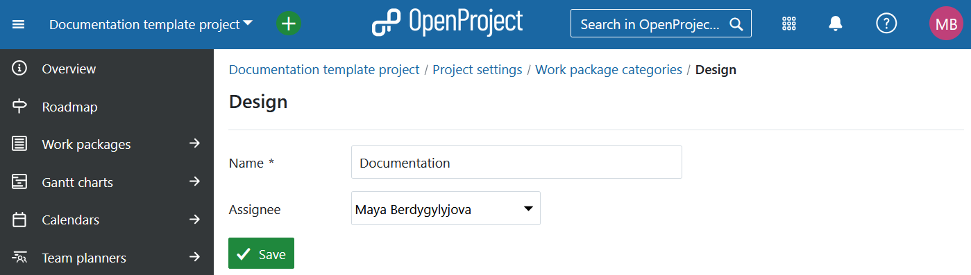 A form to create a new work package category under project settings in OpenProject