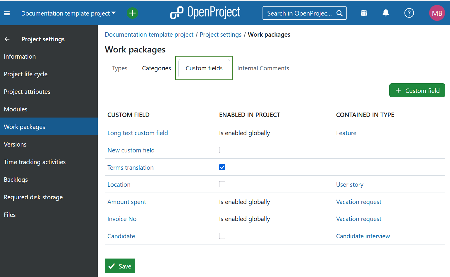 Custom fields settings in OpenProject project settings