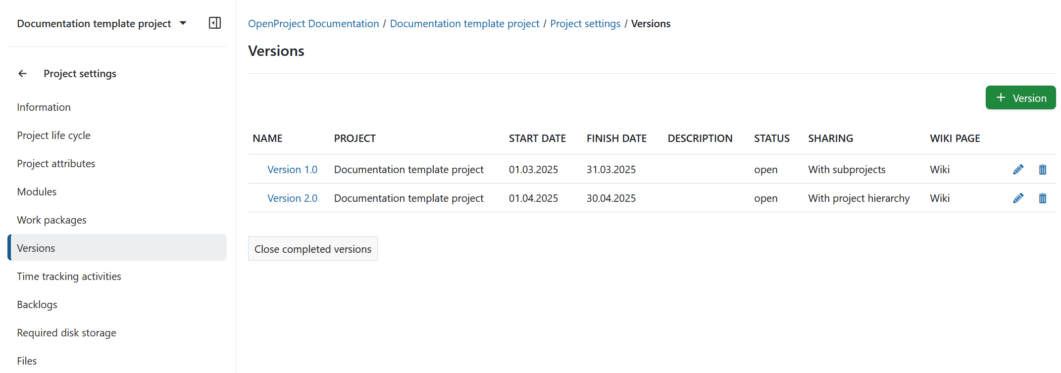 Versions in project settings in OpenProject