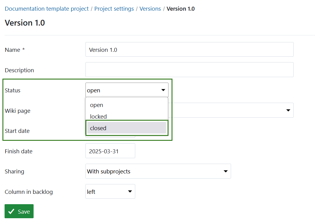 Close a version under project settings in OpenProject
