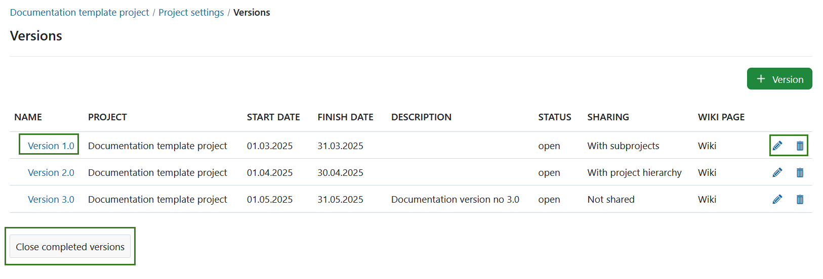 Edit or close version under project settings in OpenProject