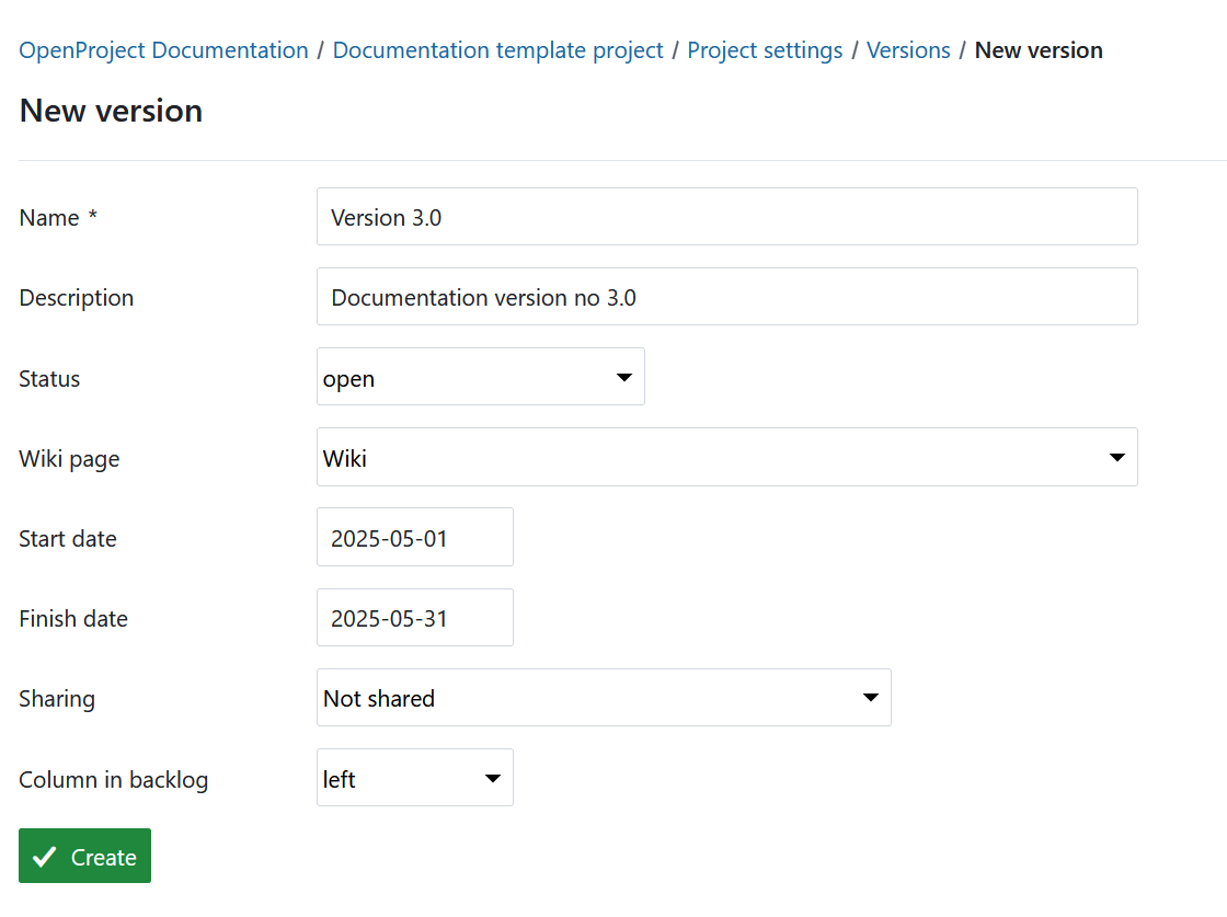 Create new version under project settings in OpenProject