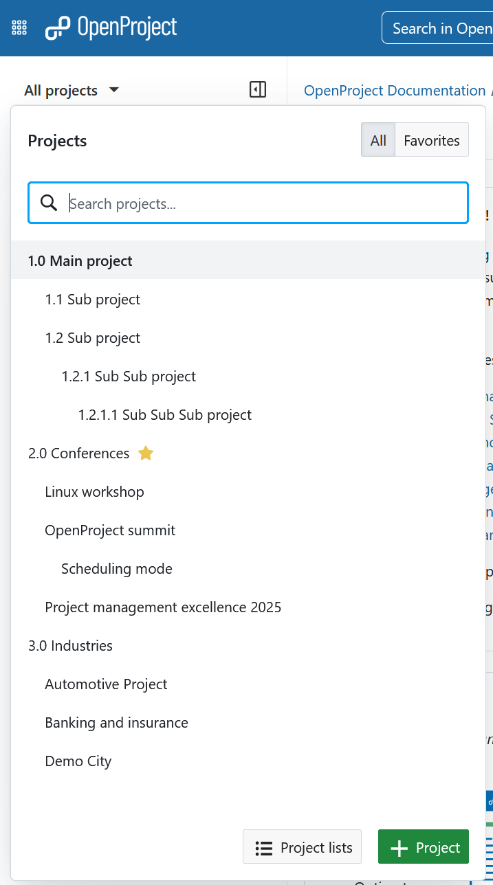 Example of a project hierarchy shown in “Projects” dropdown menu in OpenProject