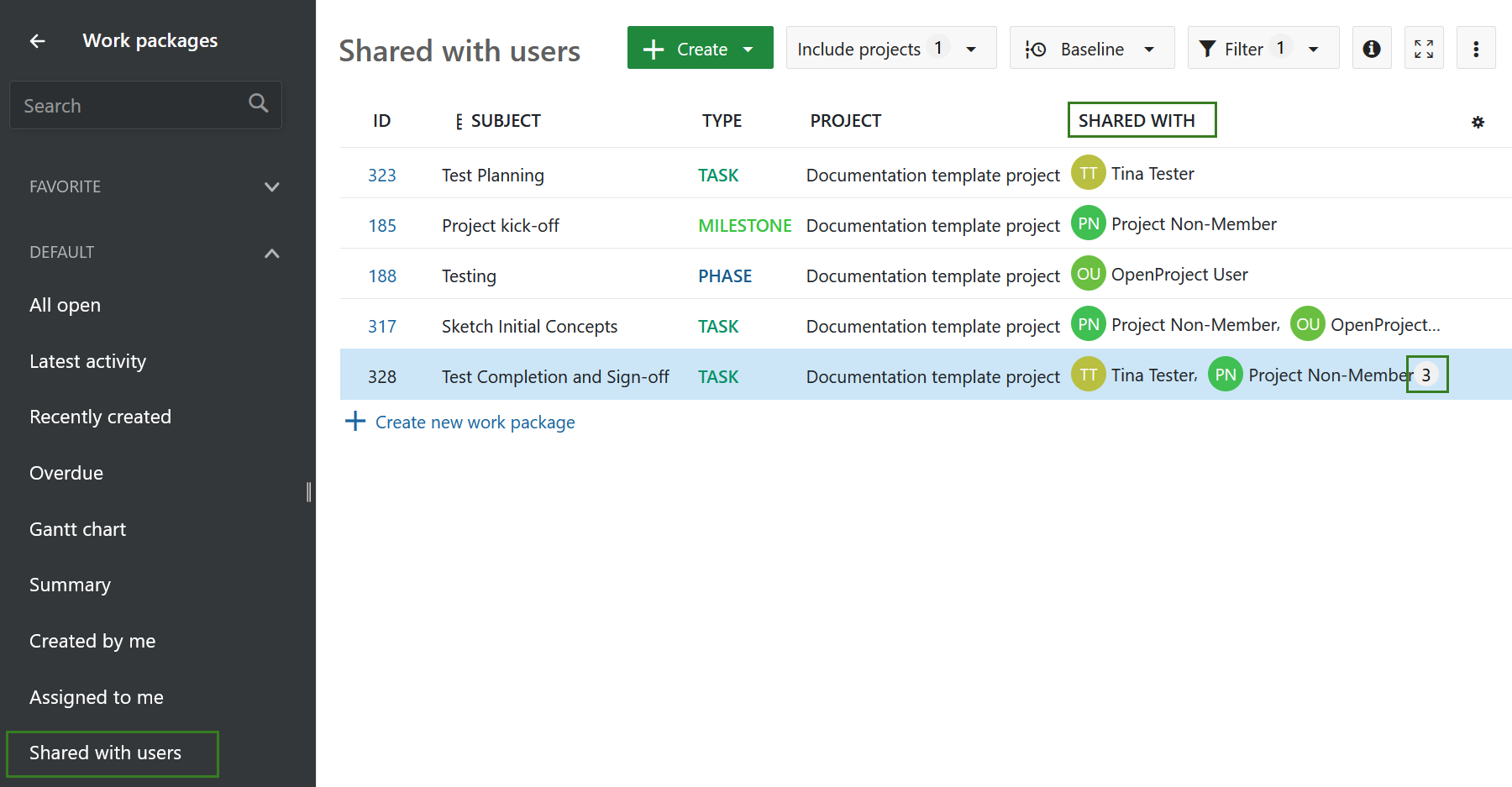 Filter for work packages shared with other users in OpenProject