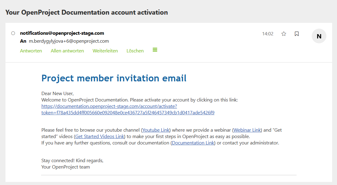 Email activation screen for OpenProject registration