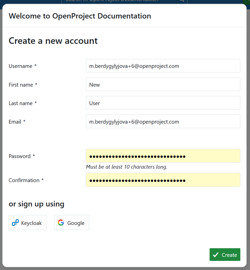 Create a new account for OpenProject