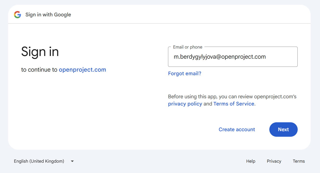 Google sign in screen for logging into an OpenProject instance