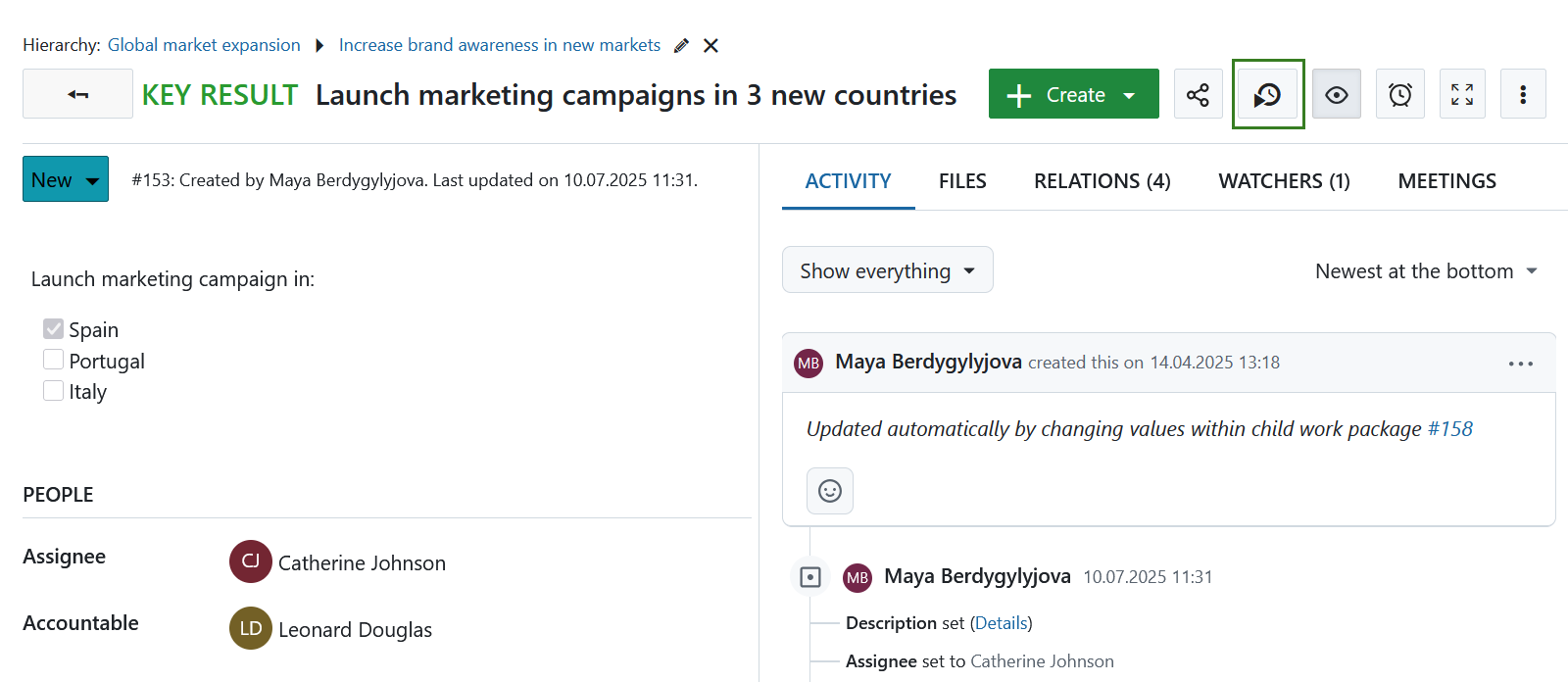 OpenProject start time tracking button in a work package detailed view