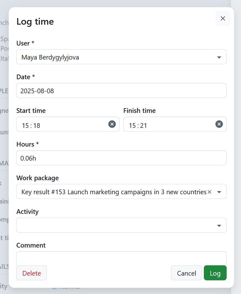 OpenProject stop time tracking button