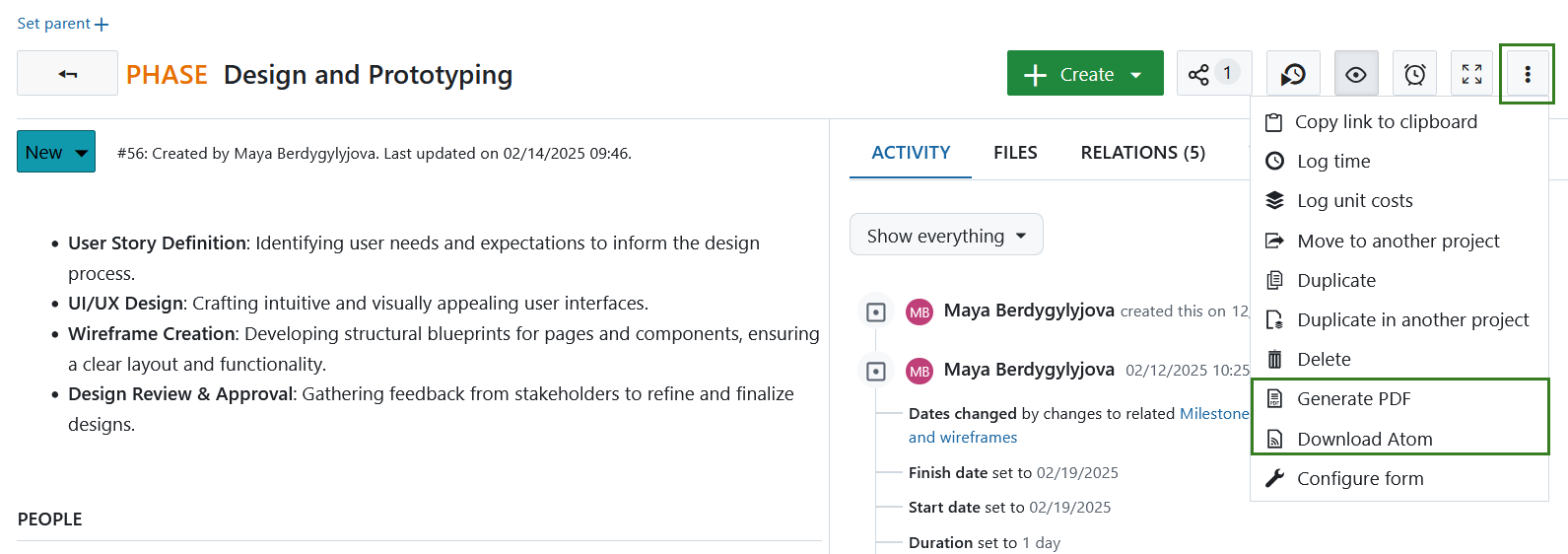 Single work package export options in OpenProject