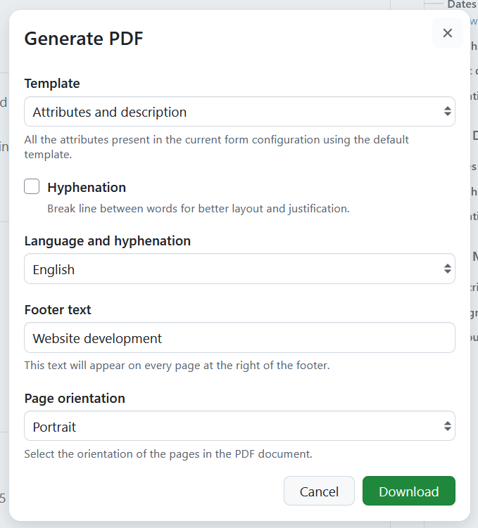 PDF generation modal for export of single work packages in OpenProject