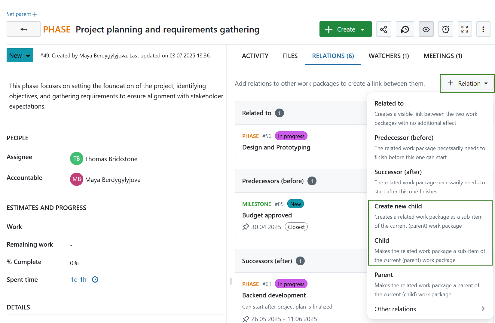 Add a child to a work package in OpenProject