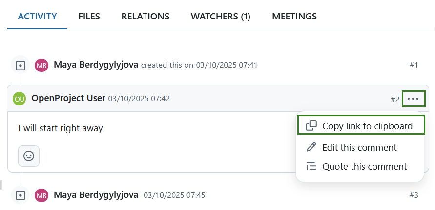 Copy a link to a work package comment in OpenProject