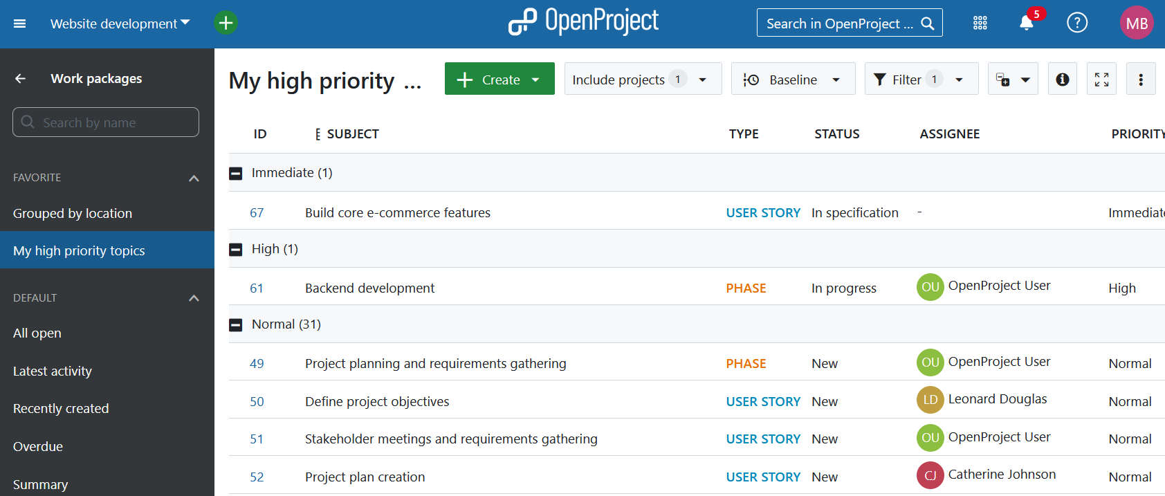 Favorite view in work package module menu