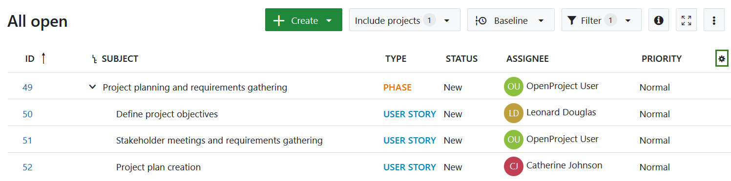 Settings icon to open work packages table configuration